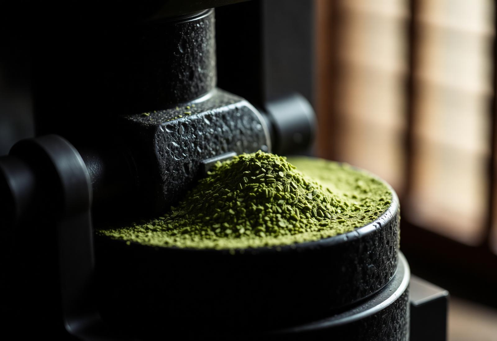Traditional granite stone mill grinding matcha